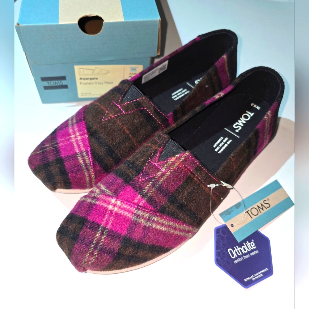 Toms Alpargata Fuchsia Cozy Plaid Slip on Shoes  Women's Size 8.5 NWT NIB